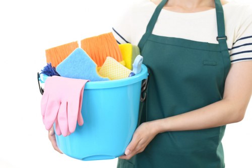 Cleaner working in a modern Canary Wharf apartment building