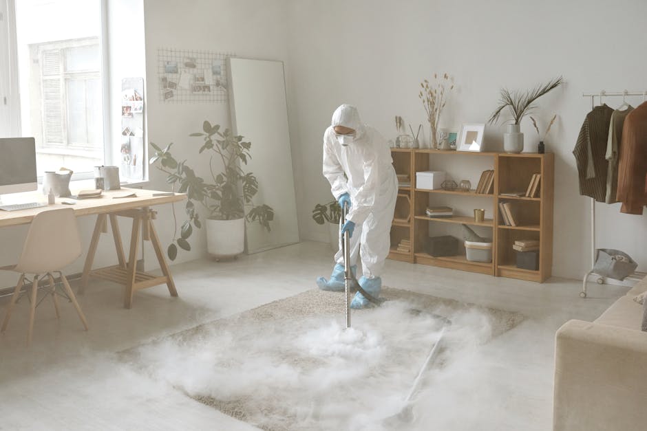 A professional cleaner dressed in white protective gear, including a hood, mask, and gloves, is performing deep cleaning and sanitisation of a light-colored carpet in a bright, minimalistic living roo